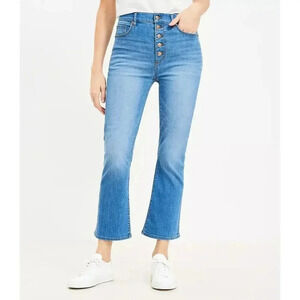LOFT Button Front High Rise Kick Crop Jeans in Bright Mid Indigo Wash Size 26/2